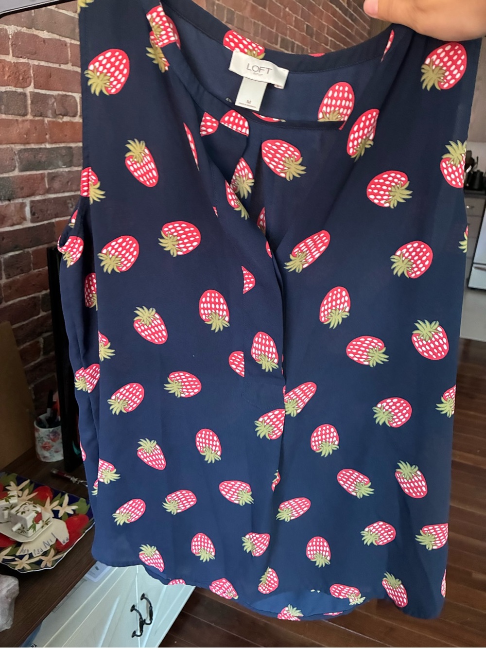 LOFT Navy Strawberry Print Sleeveless Camisole